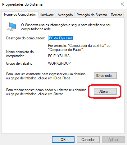 Alterando o nome do PC no WIndows 10